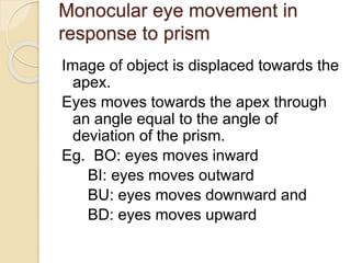 Monocular eye movement in
response to prism
Image of object is displaced towards the
apex.
Eyes moves towards the apex through
an angle equal to the angle of
deviation of the prism.
Eg. BO: eyes moves inward
BI: eyes moves outward
BU: eyes moves downward and
BD: eyes moves upward
 
