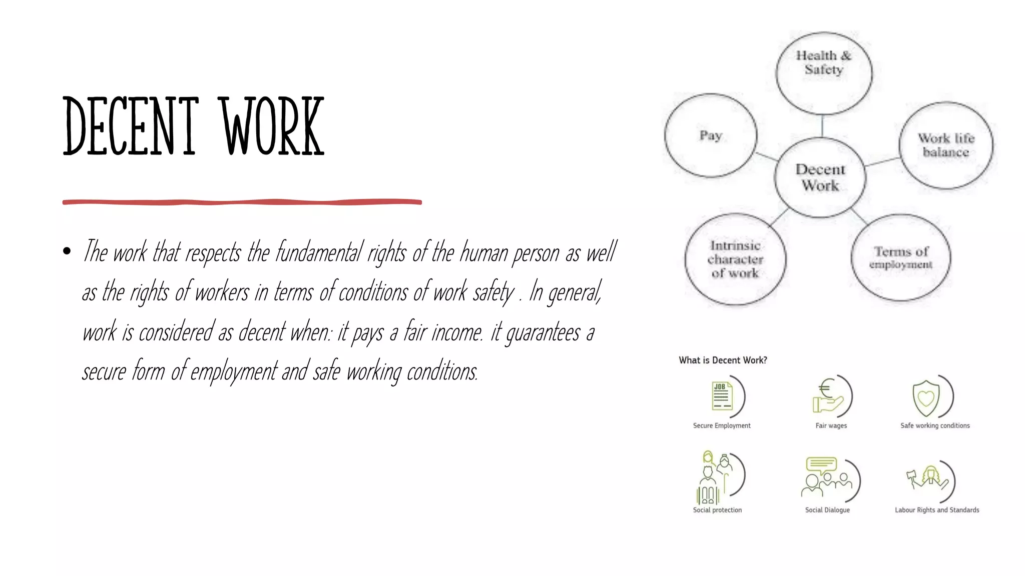 Decent Work
• The work that respects the fundamental rights of the human person as well
as the rights of workers in terms of conditions of work safety . In general,
work is considered as decent when: it pays a fair income. it guarantees a
secure form of employment and safe working conditions.
 