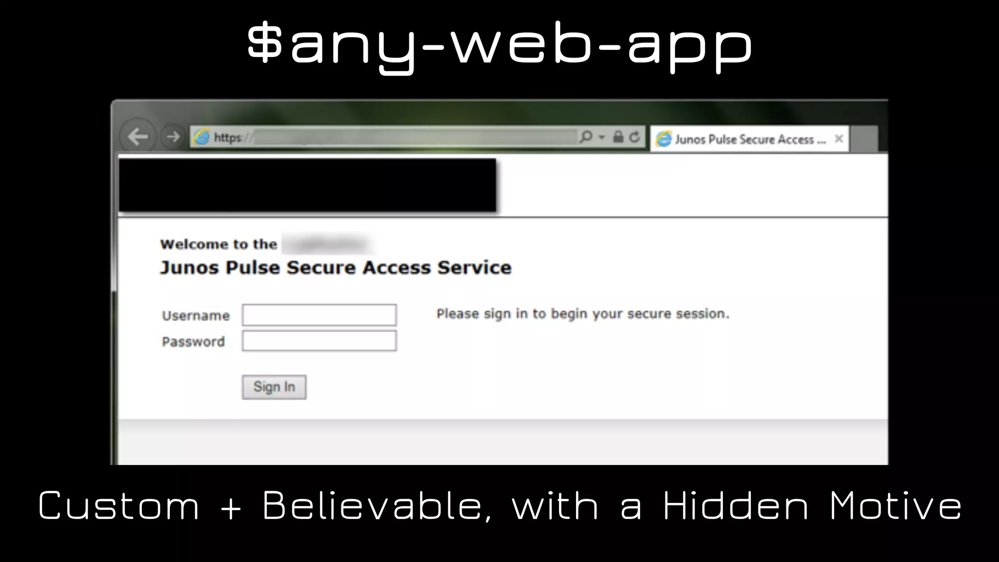 $any-web-app
Custom + Believable, with a Hidden Motive
 