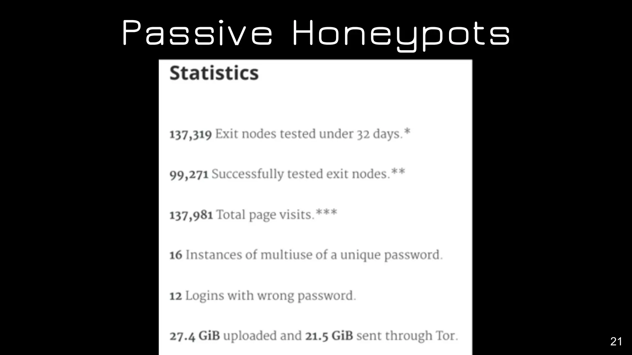 Passive Honeypots
21
https://chloe.re/2015/06/20/a-month-with-badonions/
 