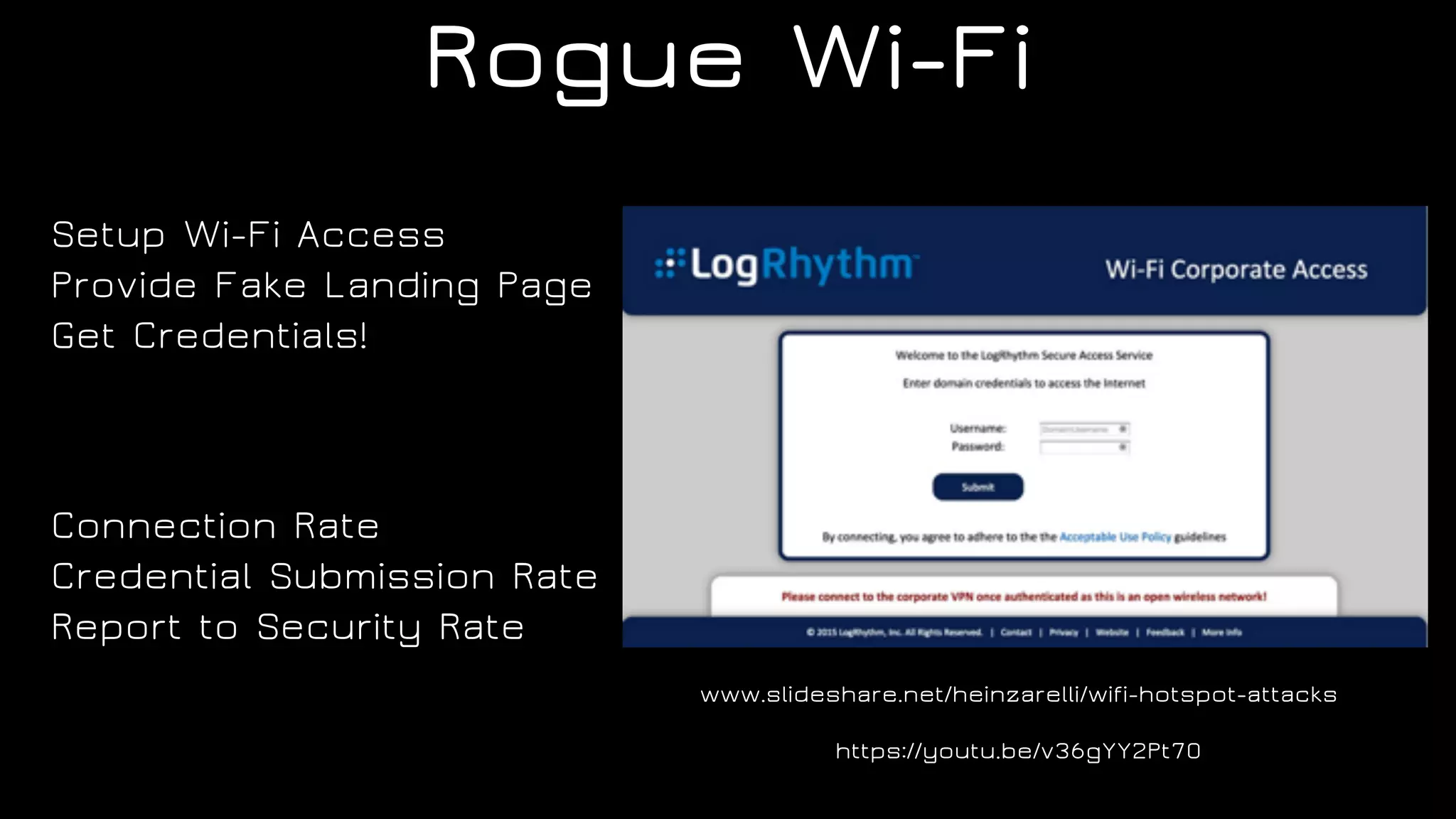 Rogue Wi-Fi
Setup Wi-Fi Access
Provide Fake Landing Page
Get Credentials!
Connection Rate
Credential Submission Rate
Report to Security Rate
www.slideshare.net/heinzarelli/wifi-hotspot-attacks
https://youtu.be/v36gYY2Pt70
 