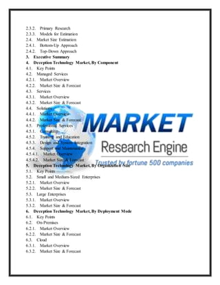 2.3.2. Primary Research
2.3.3. Models for Estimation
2.4. Market Size Estimation
2.4.1. Bottom-Up Approach
2.4.2. Top-Down Approach
3. Executive Summary
4. Deception Technology Market, By Component
4.1. Key Points
4.2. Managed Services
4.2.1. Market Overview
4.2.2. Market Size & Forecast
4.3. Services
4.3.1. Market Overview
4.3.2. Market Size & Forecast
4.4. Solutions
4.4.1. Market Overview
4.4.2. Market Size & Forecast
4.5. Professional Services
4.5.1. Consulting
4.5.2. Training and Education
4.5.3. Design and System Integration
4.5.4. Support and Maintenance
4.5.4.1. Market Overview
4.5.4.2. Market Size & Forecast
5. Deception Technology Market, By Organization Size
5.1. Key Points
5.2. Small and Medium-Sized Enterprises
5.2.1. Market Overview
5.2.2. Market Size & Forecast
5.3. Large Enterprises
5.3.1. Market Overview
5.3.2. Market Size & Forecast
6. Deception Technology Market, By Deployment Mode
6.1. Key Points
6.2. On-Premises
6.2.1. Market Overview
6.2.2. Market Size & Forecast
6.3. Cloud
6.3.1. Market Overview
6.3.2. Market Size & Forecast
 