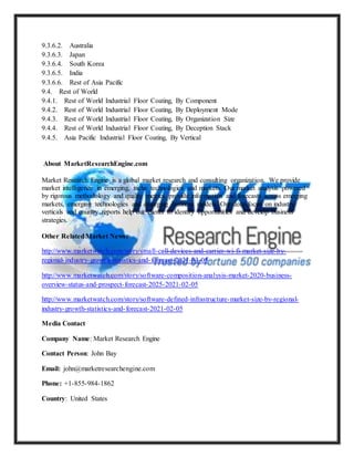 9.3.6.2. Australia
9.3.6.3. Japan
9.3.6.4. South Korea
9.3.6.5. India
9.3.6.6. Rest of Asia Pacific
9.4. Rest of World
9.4.1. Rest of World Industrial Floor Coating, By Component
9.4.2. Rest of World Industrial Floor Coating, By Deployment Mode
9.4.3. Rest of World Industrial Floor Coating, By Organization Size
9.4.4. Rest of World Industrial Floor Coating, By Deception Stack
9.4.5. Asia Pacific Industrial Floor Coating, By Vertical
About MarketResearchEngine.com
Market Research Engine is a global market research and consulting organization. We provide
market intelligence in emerging, niche technologies and markets. Our market analysis powered
by rigorous methodology and quality metrics provide information and forecasts across emerging
markets, emerging technologies and emerging business models. Our deep focus on industry
verticals and country reports help our clients to identify opportunities and develop business
strategies.
Other RelatedMarket News:
http://www.marketwatch.com/story/small-cell-devices-and-carrier-wi-fi-market-size-by-
regional-industry-growth-statistics-and-forecast-2021-03-05
http://www.marketwatch.com/story/software-composition-analysis-market-2020-business-
overview-status-and-prospect-forecast-2025-2021-02-05
http://www.marketwatch.com/story/software-defined-infrastructure-market-size-by-regional-
industry-growth-statistics-and-forecast-2021-02-05
Media Contact
Company Name: Market Research Engine
Contact Person: John Bay
Email: john@marketresearchengine.com
Phone: +1-855-984-1862
Country: United States
 