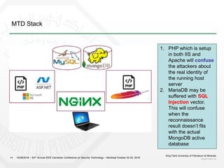 MTD Stack
King Fahd University of Petroleum & Minerals
kfupm.edu.sa14
1. PHP which is setup
in both IIS and
Apache will confuse
the attackers about
the real identity of
the running host
server
2. MariaDB may be
suffered with SQL
Injection vector.
This will confuse
when the
reconnaissance
result doesn’t fits
with the actual
MongoDB active
database
10/28/2018 – 52nd Annual IEEE Carnahan Conference on Security Technology – Montreal October 22-25, 2018
 