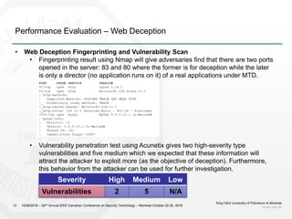 Performance Evaluation – Web Deception
King Fahd University of Petroleum & Minerals
kfupm.edu.sa15
• Web Deception Fingerprinting and Vulnerability Scan
• Fingerprinting result using Nmap will give adversaries find that there are two ports
opened in the server: 83 and 80 where the former is for deception while the later
is only a director (no application runs on it) of a real applications under MTD.
• Vulnerability penetration test using Acunetix gives two high-severity type
vulnerabilities and five medium which we expected that these information will
attract the attacker to exploit more (as the objective of deception). Furthermore,
this behavior from the attacker can be used for further investigation.
10/28/2018 – 52nd Annual IEEE Carnahan Conference on Security Technology – Montreal October 22-25, 2018
Severity High Medium Low
Vulnerabilities 2 5 N/A
 