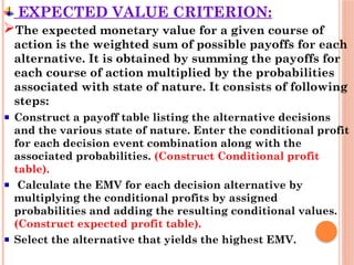 EXPECTED VALUE CRITERION:
The expected monetary value for a given course of
action is the weighted sum of possible payoffs for each
alternative. It is obtained by summing the payoffs for
each course of action multiplied by the probabilities
associated with state of nature. It consists of following
steps:
Construct a payoff table listing the alternative decisions
and the various state of nature. Enter the conditional profit
for each decision event combination along with the
associated probabilities. (Construct Conditional profit
table).
Calculate the EMV for each decision alternative by
multiplying the conditional profits by assigned
probabilities and adding the resulting conditional values.
(Construct expected profit table).
Select the alternative that yields the highest EMV.
 