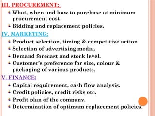 III. PROCUREMENT:
What, when and how to purchase at minimum
procurement cost
Bidding and replacement policies.
IV. MARKETING:
Product selection, timing & competitive action
Selection of advertising media.
Demand forecast and stock level.
Customer’s preference for size, colour &
packaging of various products.
V. FINANCE:
Capital requirement, cash flow analysis.
Credit policies, credit risks etc.
Profit plan of the company.
Determination of optimum replacement policies.
 
