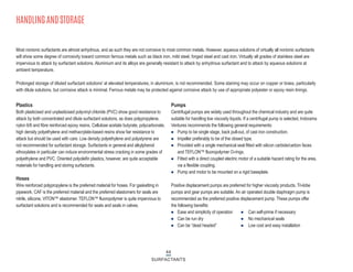 44
SURFACTANTS
HANDLING AND STORAGE
Most nonionic surfactants are almost anhydrous, and as such they are not corrosive to most common metals. However, aqueous solutions of virtually all nonionic surfactants
will show some degree of corrosivity toward common ferrous metals such as black iron, mild steel, forged steel and cast iron. Virtually all grades of stainless steel are
impervious to attack by surfactant solutions. Aluminium and its alloys are generally resistant to attack by anhydrous surfactant and to attack by aqueous solutions at
ambient temperature.
Prolonged storage of diluted surfactant solutions' at elevated temperatures, in aluminium, is not recommended. Some staining may occur on copper or brass, particularly
with dilute solutions, but corrosive attack is minimal. Ferrous metals may be protected against corrosive attack by use of appropriate polyester or epoxy resin linings.
Plastics
Both plasticised and unplasticised polyvinyl chloride (PVC) show good resistance to
attack by both concentrated and dilute surfactant solutions, as does polypropylene,
nylon 6/6 and fibre reinforced epoxy resins. Cellulose acetate butyrate, polycarbonate,
high density polyethylene and methacrylate-based resins show fair resistance to
attack but should be used with care. Low density polyethylene and polystyrene are
not recommended for surfactant storage. Surfactants in general and alkylphenol
ethoxylates in particular can induce environmental stress cracking in some grades of
polyethylene and PVC. Oriented polyolefin plastics, however, are quite acceptable
materials for handling and storing surfactants.
Hoses
Wire reinforced polypropylene is the preferred material for hoses. For gasketting in
pipework, CAF is the preferred material and the preferred elastomers for seals are
nitrile, silicone, VITON™ elastomer. TEFLON™ fluoropolymer is quite impervious to
surfactant solutions and is recommended for seats and seals in valves.
Pumps
Centrifugal pumps are widely used throughout the chemical industry and are quite
suitable for handling low viscosity liquids. If a centrifugal pump is selected, Indorama
Ventures recommends the following general requirements:
n Pump to be single stage, back pull-out, of cast iron construction.
n Impeller preferably to be of the closed type.
n Provided with a single mechanical seal fitted with silicon carbide/carbon faces
and TEFLON™ fluoropolymer O-rings.
n Fitted with a direct coupled electric motor of a suitable hazard rating for the area,
via a flexible coupling.
n Pump and motor to be mounted on a rigid baseplate.
Positive displacement pumps are preferred for higher viscosity products. Tri-lobe
pumps and gear pumps are suitable. An air operated double diaphragm pump is
recommended as the preferred positive displacement pump. These pumps offer
the following benefits:
n Ease and simplicity of operation n Can self-prime if necessary
n Can be run dry n No mechanical seals
n Can be “dead headed” n Low cost and easy installation
 