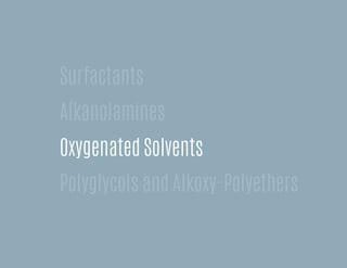 Surfactants
Alkanolamines
Oxygenated Solvents
Polyglycols and Alkoxy-Polyethers
 