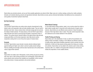 56
OXYGENATED SOLVENTS
APPLICATIONS GUIDE
Lacquers
The GLYSOLV® glycol ethers are surface active solvents characterised by high
dilution ratios, low evaporation rates and wide solubility ranges. They are used to
eliminate resin blush, reduce moisture blush, eliminate orange peel and promote
the release of latent solvents. The high solvency of the GLYSOLV® glycol ethers
helps eliminate resin blush by ensuring that formulation components remain in
solution. The surface tension reduction effects of the glycol ethers help eliminate
orange peel effects, and the slow evaporation rates help prevent surface
evaporative cooling which is one of the prime causes of moisture blush.
Enamels
GLYSOLV® glycol ethers cause dramatic viscosity reduction allowing higher
pigment loading and higher resin solids in premium quality enamel coatings.
Flow-out, levelling and wet edge control are also improved due to the surface-active
nature of glycol ether solvents.
Inks
Glycol ethers are widely used in flexography, screen printing and gravure printing,
with minor uses in other printing processes such as lithography. Glycol ethers are
active solvents which promote resin solubility and compatibility, control viscosity
and surface tension, increase penetration and promote adhesion.
Water-Based Coatings
In most water-based coating systems, water is not an active solvent but rather a
latent solvent usually used in conjunction with small amounts of organic active
solvents. Glycol ethers are cost effective active solvents in these formulations
because of their high dilution ratios in water. They also control evaporation rates,
aid coalescence and increase adhesion to the substrate.
Textile Printing and Dyeing
Glycol ethers aid in the solubilisation of dyes, as well as the penetration and
wetting of fabric and leather, resulting in more effective and efficient colouring.
In textile printing, glycol ethers facilitate evaporation control, promote more even
distribution of colour and help prevent printing pastes from drying out on plates
and cylinders. Glycol ethers can be added to the solvents used to clean printing
machinery after a run. Addition of the glycol ether enhances ink removal and
inhibits the evaporation of more volatile solvents.
Glycol ethers are primarily solvents, and as such their possible applications are almost infinite. Major uses are in surface coatings, printing inks, textile auxiliaries,
domestic and industrial cleaning products and agricultural chemicals. Glycol ethers are also used as chemical intermediates, fuel additives and as components of
some grades of automotive hydraulic brake fluids.
Surface Coatings
 