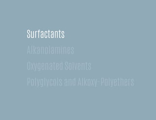Surfactants
Alkanolamines
Oxygenated Solvents
Polyglycols and Alkoxy-Polyethers
 