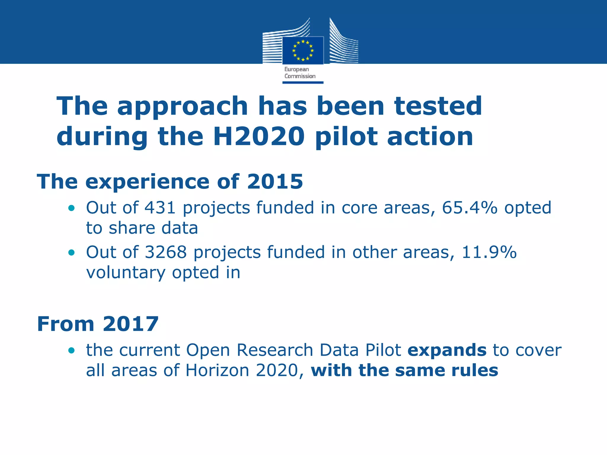 The approach has been tested
during the H2020 pilot action
The experience of 2015
• Out of 431 projects funded in core areas, 65.4% opted
to share data
• Out of 3268 projects funded in other areas, 11.9%
voluntary opted in
From 2017
• the current Open Research Data Pilot expands to cover
all areas of Horizon 2020, with the same rules
 