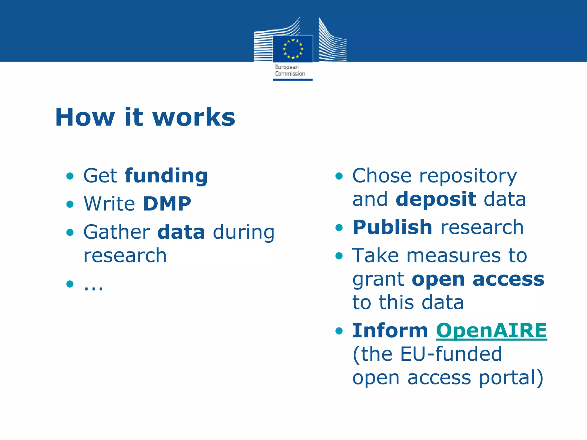 How it works
• Get funding
• Write DMP
• Gather data during
research
• ...
• Chose repository
and deposit data
• Publish research
• Take measures to
grant open access
to this data
• Inform OpenAIRE
(the EU-funded
open access portal)
 