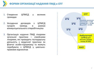 7
7
1. Створення ЦПМСД у великих
громадах
2. Укладення договорів з ЦПМСД
сусідніх громад в рамках
міжмуніципального співробітництва
3. Організація надання ПМД лікарями
загальної практики – сімейними
лікарями, які провадять господарську
діяльність з медичної практики як
фізичні особи-підприємці та можуть
перебувати з ЦПМСД у цивільно-
правових відносинах
ФОРМИ ОРГАНІЗАЦІЇ НАДАННЯ ПМД в ОТГ
ОТГ
Кількість мешканців:
Сільські ОТГ = 9 000
Селищні ОТГ = 16 000
Міські ОТГ = 28 000
Амбулаторії
(ЦПМСД для
міських громад
понад 50 000)
ФАП
 