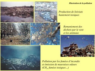 Production de lixiviats hautement toxiques Pollution par les fumées d’incendie et émission de mauvaises odeurs (CH 4 , fumées toxiques…) Remaniement des déchets par le vent et les animaux Illustration de la pollution 