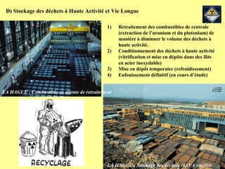 D) Stockage des déchets à Haute Activité et Vie Longue Retraitement des combustibles de centrale (extraction de l’uranium et du plutonium) de manière à diminuer le volume des déchets à haute activité.  Conditionnement des déchets à haute activité (vitrification et mise en dépôts dans des fûts en acier inoxydable) Mise en dépôt temporaire (refroidissement) Enfouissement définitif (en cours d’étude) LA HAGUE : Combustible en attente de retraitement LA HAGUE : Stockage des déchets HAVA vitrifiés 