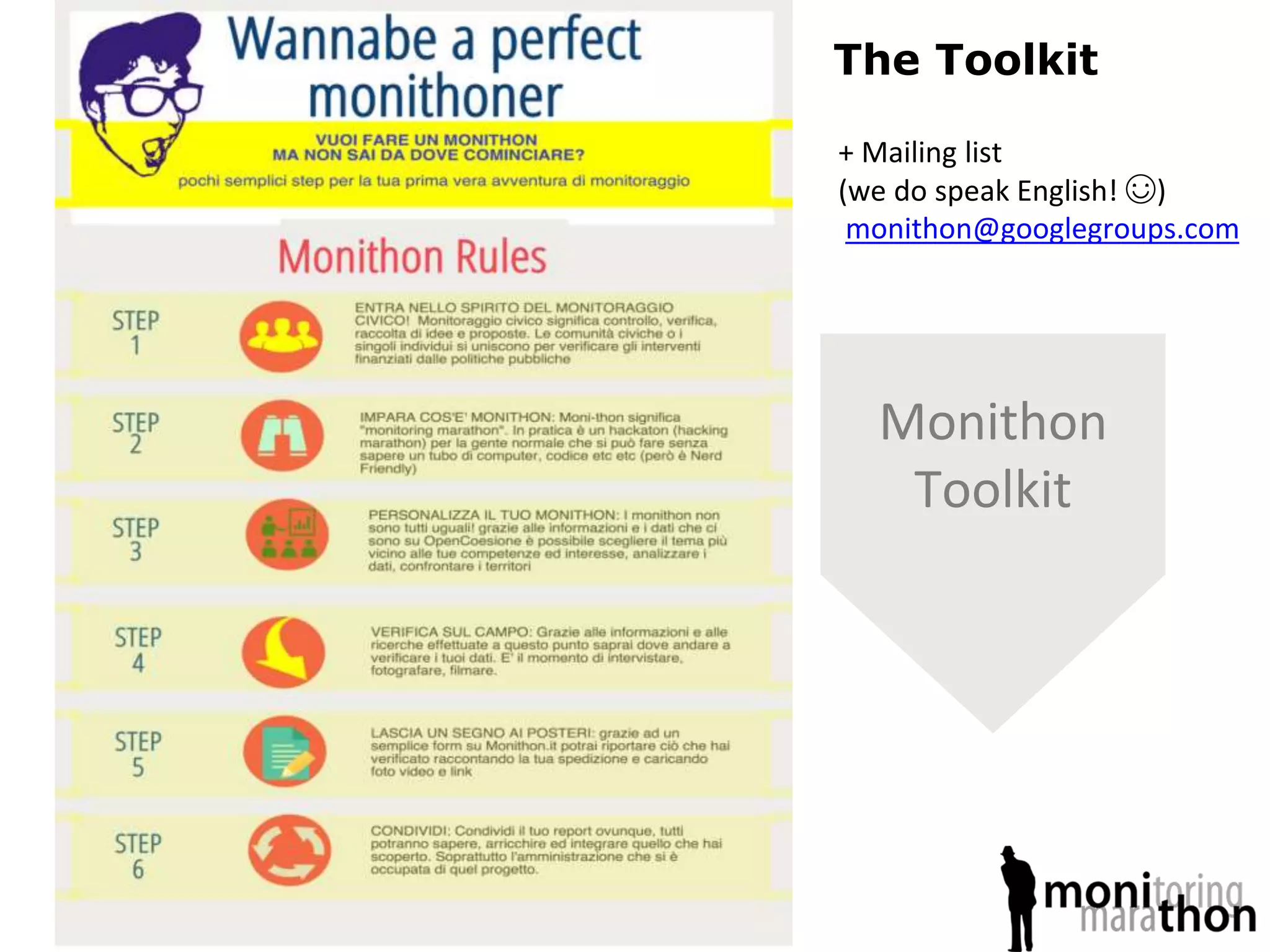 Monithon
Toolkit
+ Mailing list
(we do speak English! ☺)
monithon@googlegroups.com
The Toolkit
 