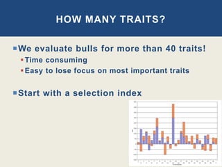We evaluate bulls for more than 40 traits!
Time consuming
Easy to lose focus on most important traits
Start with a selection index
HOW MANY TRAITS?
 