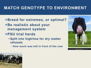 Breed for extremes, or optimal?
Be realistic about your
management system
PSU trial herds
Split into high/low for dry matter
refusals
 How much was left in front of the cow
MATCH GENOTYPE TO ENVIRONMENT
 