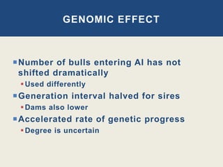 GENOMIC EFFECT
Number of bulls entering AI has not
shifted dramatically
Used differently
Generation interval halved for sires
Dams also lower
Accelerated rate of genetic progress
Degree is uncertain
 