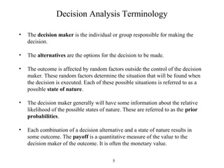 5
Decision Analysis Terminology
• The decision maker is the individual or group responsible for making the
decision.
• The alternatives are the options for the decision to be made.
• The outcome is affected by random factors outside the control of the decision
maker. These random factors determine the situation that will be found when
the decision is executed. Each of these possible situations is referred to as a
possible state of nature.
• The decision maker generally will have some information about the relative
likelihood of the possible states of nature. These are referred to as the prior
probabilities.
• Each combination of a decision alternative and a state of nature results in
some outcome. The payoff is a quantitative measure of the value to the
decision maker of the outcome. It is often the monetary value.
 