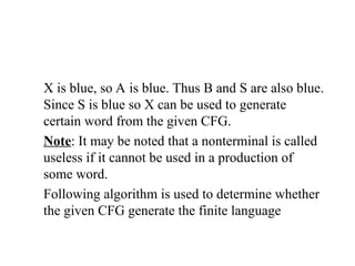 X is blue, so A is blue. Thus B and S are also blue.
Since S is blue so X can be used to generate
certain word from the given CFG.
Note: It may be noted that a nonterminal is called
useless if it cannot be used in a production of
some word.
Following algorithm is used to determine whether
the given CFG generate the finite language
 