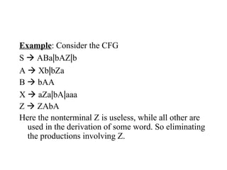 Example: Consider the CFG
S  ABa|bAZ|b
A  Xb|bZa
B  bAA
X  aZa|bA|aaa
Z  ZAbA
Here the nonterminal Z is useless, while all other are
used in the derivation of some word. So eliminating
the productions involving Z.
 