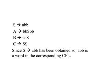 S  abb
A  bbSbb
B  aaS
C  SS
Since S  abb has been obtained so, abb is
a word in the corresponding CFL.
 