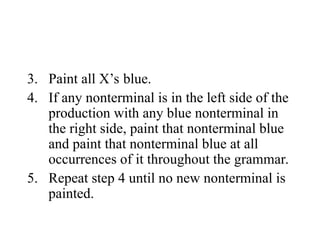 3. Paint all X’s blue.
4. If any nonterminal is in the left side of the
production with any blue nonterminal in
the right side, paint that nonterminal blue
and paint that nonterminal blue at all
occurrences of it throughout the grammar.
5. Repeat step 4 until no new nonterminal is
painted.
 