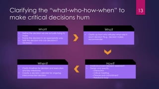 Clarifying the “what-who-how-when” to
make critical decisions hum
What?
• Define the decision we are actually trying to
make
• Frame the decision in an appropriate way
• Split the decision into sub decisions if
necessary
Who?
• Clarify up front who will play what role in
each decision 9e.g., decision maker,
recommender.
When?
• Clarify timelines for decision and execution
and key milestones
• Create a decision calendar for ongoing,
interconnected decision
How?
• Install structured decision approach
• Design and specify:
- interaction
- Critical meeting
- Closure and commitment
- Feedback loop
13
 