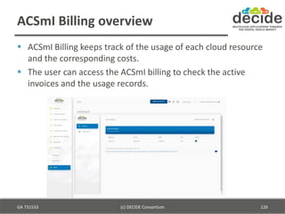 ACSmI Billing overview
 ACSmI Billing keeps track of the usage of each cloud resource
and the corresponding costs.
 The ...