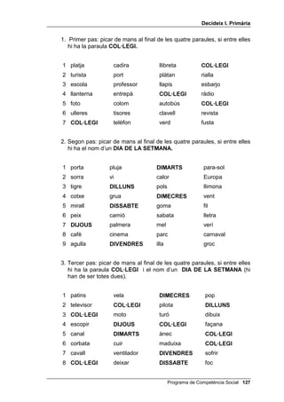 'HFLGHL[ , 3ULPjULD




                                                           /OLoy 



        0pV FRQWURO DXGLWLX 0pV SUHYLVLy GH
                 FRQVHTqQFLHV

,1752'8,Ï

   En aquesta lliçó continua l’exercici de control auditiu, tan beneficiós per a
   les persones impulsives (i també per a les molt passives).
   Es torna a presentar un problema entre un nen i una nena i una persona
   adulta, però amb el factor afegit d’haver de competir amb un altre nen o
   nena.

2%-(7,86

      • Fer correctament més de la meitat dels exercicis de control
        auditiu.
      • Oferir dues solucions per a un problema interpersonal que se’ls
        presenti i preveure dues conseqüències per a cadascuna
        d’aquestes solucions.



0$7(5,$/6

         • Les llistes de control auditiu que tens al final de la lliçó i d’altres
           que vulguis fer (són molt fàcils).
         • Una casset, si prefereixes tenir les llistes enregistrades.
         • Alguns exemples de problemes interpersonals d’un nen o d’una
           nena amb una persona adulta: te'n suggerim un, però tu en
           pots pensar d’altres.




                                                Programa de Competència Social 
 