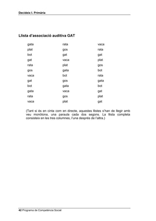 'HFLGHL[ , 3ULPjULD




/OLVWD G¶DVVRFLDFLy DXGLWLYD *$7

      gata                          rata               vaca
      plat                          gos                rata
      bot                           gat                gat
      gat                           vaca               plat
      rata                          plat               gos
      gos                           gata               bot
      vaca                          bot                rata
      gat                           gos                gata
      bot                           gata               bot
      gata                          vaca               gat
      rata                          gos                plat
      vaca                          plat               gat


     (Tant si és en cinta com en directe, aquestes llistes s’han de llegir amb
     veu monòtona, una paraula cada dos segons. La llista completa
     consisteix en les tres columnes, l’una després de l’altra.)




 Programa de Competència Social
 