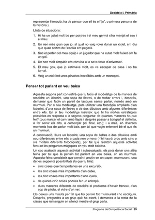 'HFLGHL[ , 3ULPjULD


    representar l’emoció, ha de pensar que ell és el “jo”, o primera persona de
    la història.)
    Llista de situacions:
    1. Hi ha un gelat molt bo per postres i el meu germà s’ha menjat el seu i
       el meu.
    2. Un nen més gran que jo, al qual no vaig voler donar un xiclet, em diu
       que quan sortim de l’escola em pegarà.
    3. Sóc el porter del meu equip i un jugador que ha xutat molt fluixet em fa
       un gol.
    4. Un nen molt simpàtic em convida a la seva festa d’aniversari.
    5. El meu gos, que jo estimava molt, es va escapar de casa i no ha
       tornat.
    6. Veig un noi fent unes piruetes increïbles amb un monopatí.


3HQVDU WRW SDUODQW HQ YHX EDL[D

    Aquesta segona part consistirà que tu facis el modelatge de la manera de
    resoldre un laberint, una sopa de lletres, o de trobar errors i, després,
    demanar que facin un parell de tasques sense parlar, només amb un
    murmuri. Per al teu modelatge, pots utilitzar una fotocòpia ampliada d’un
    laberint, d’una sopa de lletres o de dos dibuixos amb algunes diferències
    entre ells. En el teu modelatge insisteix que hi ha moltes estratègies
    possibles en resposta a la segona pregunta: de quantes maneres ho puc
    fer? (puc marcar el camí amb llapis i després passar a bolígraf el definitiu,
    o fer servir els dits, o començar pel final, etc.); i a més, en diversos
    moments has de parlar molt baix, per tal que vagin entenent bé el que és
    un murmuri.
    A continuació, lliura un laberint, una sopa de lletres o dos dibuixos amb
    nou diferències entre ells a cada nen o nena (n’hi haurà prou amb cinc o
    sis models diferents fotocopiats), per tal que realitzin aquesta activitat
    fent-se les preguntes màgiques en veu molt baixeta.
    Un cop acabada aquesta activitat i autoavaluada, els pots donar una altra
    feina per tal que la pensin tot parlant en veu baixa, en un murmuri.
    Aquesta feina consisteix que pensin i anotin en un paper, murmurant, una
    de les següents possibilitats (la que tu triïs):
    •   cinc coses que t’emportaries en una excursió,
    •   les cinc coses més importants d’un cotxe,
    •   les cinc coses més importants d’una cuina,
    •   de quines cinc coses podries fer un entrepà,
    •  dues maneres diferents de resoldre el problema d’haver trencat, d’un
       cop de pilota, el vidre d’un veí.
    Els deixes uns minuts per tal que ho pensin tot murmurant i ho escriguin.
    Després, preguntes a un grup què ha escrit, i demanes a la resta de la
    classe que romanguin en silenci mentre el grup parla.

                                                Programa de Competència Social 
 