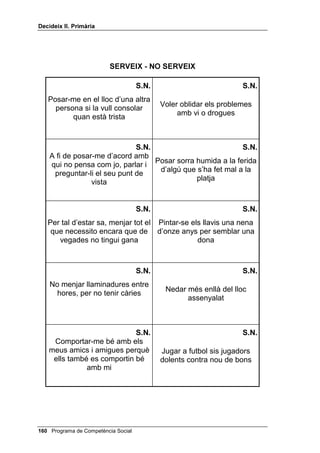 'HFLGHL[ ,, 3ULPjULD




                         6(59(,;  12 6(59(,;

                                     61                               61
    Fer gimnàstica per estar sa i              Quan et donen la culpa
     no menjar mai ni fruita ni             d’alguna cosa que no has fet,
             verdura                         no dir res i posar-te a plorar



                                     61                               61
     Explicar a un company molt                Quan et donen la culpa
    xerraire un secret teu que no           d’alguna cosa que no has fet,
         vols que se sàpiga                    no respondre, per orgull



                                     61                               61
   Dedicar-se a vendre droga per
                                            Si algú t’insulta, insultar-lo a
     guanyar diners fàcilment i
                                                 ell i els seus pares
            sense perill



                                     61                               61
     Donar vi a un nen petit amb                 Posar-te a treballar a
     l’excusa que tingui la sang            l’ordinador sense saber com
                 forta                                 funciona



                                     61                               61
   Observar si una persona està             Tenir mal de panxa i menjar
   empipada abans de demanar-                     molta xocolata
            li un favor




 Programa de Competència Social
 