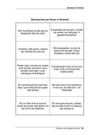 'HFLGHL[ ,, 3ULPjULD




               'HVFULSFLRQV SHU OOLXUDU D O¶DOXPQDW



 És de metall, és llarga i fa que    Són molt petites, negres i van
les imatges de TV siguin clares      en filera quan porten el menjar
                                               a casa seva




Són petits, rodons i n’hi ha a les    És una eina amb un mànec i
             camises                    serveix per clavar claus




 És una cosa que vola, té una         És blanca, rodona, i es fa en
 corda molt llarga i pot ser de                una ostra
    moltes formes i colors




És una ciutat i molts dels seus       Són vaixells antics de vela i,
 carrers són canals d’aigua          amb tres d’elles, Colom va anar
                                             fins a Amèrica




     És un animal petit que           Sembla un violí però és més
s’arrossega a poc a poc i porta                  gran
       la closca a sobre




                                         Programa de Competència Social 
 