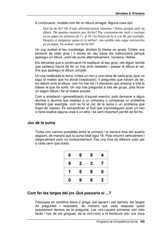 'HFLGHL[ ,, 3ULPjULD




                                                      /OLoy 



                 3UHYHXUH FRQVHTqQFLHV

,1752'8,Ï

   A les lliçons 8, 9 i 10 hem provat d’ensenyar a l’alumnat el pensament
   causal, insistint en la causalitat de les emocions, ja que, qui no tingui
   pensament causal, no només no podrà resoldre els seus problemes
   interpersonals, sinó que ni tan sols els podrà formular.
   Ara, en lloc de pensar cap enrera, cap a les causes i arrels d’un
   problema, intentarem que pensin cap endavant, cap a les conseqüències
   que poden tenir les seves accions i les seves paraules: que prevegin
   aquestes conseqüències abans de parlar o d’actuar. A les persones
   impulsives o agressives els manca aquest pensament conseqüencial,
   perquè ningú no els l’ha ensenyat.
   Aquesta lliçó 12 té dues parts: a la primera, s’ensenya el pensament
   conseqüencial a través d’un joc senzill i divertit anomenat 4Xq SDVVDULD
   VL A la segona, s’utilitza el joc del dibuix amagat per repassar les
   quatre preguntes màgiques i perquè cada nen i cada nena de la classe
   intenti explicar el joc a un company o companya: aquest esforç per
   explicar les coses a una altra persona serveix perquè qui les explica les
   entengui bé (tots sabem que no aprenem bé una cosa fins que l’hem
   d’ensenyar a d’altres!) i, també, perquè l’alumnat prengui una actitud
   activa i participativa. L’experiència ens ensenya que els iguals, els
   companys i companyes, poden tenir una gran influència en la formació
   d’altres alumnes, tant en temes acadèmics com en actituds i valors.
   També és molt eficaç la intervenció d’alumnes conflictius (si
   s’aconsegueix!) per ajudar els altres. Se’ls n’ha de donar l’oportunitat.




                                            Programa de Competència Social 
 