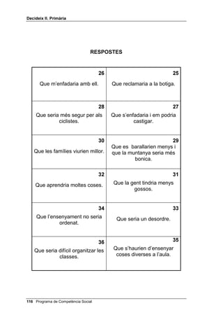 'HFLGHL[ ,, 3ULPjULD




                                 5(63267(6



                                                                      

          Que estaríem sans.                 Que arribaria a la seva
                                                  destinació.


                                                                      
      Que ningú no voldria jugar              Que no hi veuria bé.
              amb mi.


                                                                      
    Que no ens faria fàstic entrar-           Que estaria content.
                 hi.


                                                                      
      Que es posaria malalt dels            Que trobaríem les coses
              pulmons.                             fàcilment.


                                                                     
       Que s’hi hauria d’anar
     caminant o amb un vehicle              Que m’equivocaria molt.
              privat.

                                                                     

     Que ens la podríem beure.            Que hauríem de veure’l en el
                                             bar o a casa d’un veí.




 Programa de Competència Social
 