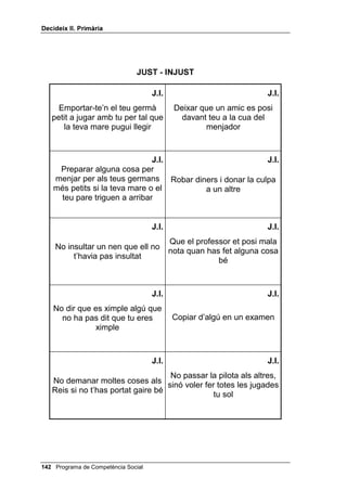 'HFLGHL[ ,, 3ULPjULD




                               -867  ,1-867

                                     -,                               -,
       No parlar malament d’un              Dir sempre la veritat als teus
       company quan ell no és               pares encara que et comporti
                davant                               un càstig



                                     -,                               -,
                                                Donar la meitat del teu
     Ajudar els teus pares en la
                                            entrepà a un company que no
           feina de casa
                                                        en té



                                     -,                               -,
       Convidar a la teva festa               Deixar diners de la teva
    d’aniversari un company que             guardiola a la teva mare o al
       et va convidar a la seva             teu pare quan en necessitin



                                     -,                              -,
      Jugar a futbol amb unes                No demanar als teus pares
    sabates noves i cares perquè             que et comprin un caprici si
     després te’n comprin unes               saps que disposen de pocs
               altres                                  diners


                                     -,                               -,
    Agafar uns pantalons texans
     al teu germà sense el seu              Tornar guixat i tacat un llibre
               permís                             que t’han deixat




 Programa de Competència Social
 
