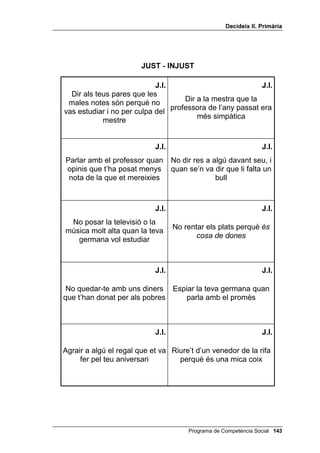 'HFLGHL[ ,, 3ULPjULD




                     -867  ,1-867

                           -,                                   -,
No demanar moltes coses als     Llençar un xiclet a terra, a
Reis quan hi ha nens i nenes l’escola, i dir: TXH KR QHWHJL HO
      que no tenen res              SHUVRQDO GH QHWHMD



                           -,                                   -,
Ajudar els teus pares a pintar
                                   Riure’t d’un amic que et diu
la casa, encara que estiguis
                                       que està enamorat
        de vacances



                           -,                                   -,
     Anar a comprar al              Si un company es queixa
 supermercat, perquè no hi        perquè li has donat un cop de
 hagin d’anar els teus pares          pilota, dir-li: DJXDQWD¶W



                           -,                                   -,
Portar un vas d’aigua a la teva      No pagar el menjador de
 mare perquè ella no s’hagi         l’escola i dir: TXH SDJXL HO
           d’aixecar                          JRYHUQ



                           -,                                   -,
Ajudar una velleta a portar el
                                    No deixar que el teu germà
  cistell sense demanar-li
                                  faci servir mai la teva bicicleta
           propina




                                     Programa de Competència Social 
 