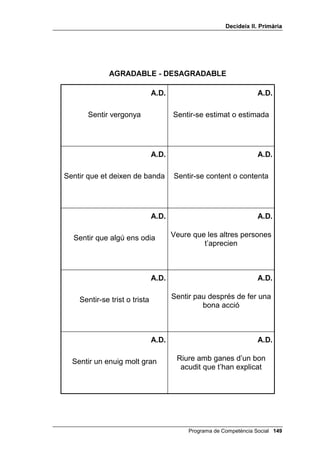 'HFLGHL[ ,, 3ULPjULD


Un tema interessant en aquesta discussió l’ofereixen els casos en els
quals, per agradar a d’altres persones, jo m’he de sacrificar. Alguns
alumnes o algunes alumnes diran que és DJUDGDEOH SHU D O¶DOWUD SHUVRQD L
GHVDJUDGDEOH SHU D PL; però s’ha d’explicar que, si tinc justícia i
generositat, també ha de ser satisfactori per a mi.
Pots demanar al grup que inventin targetes de situacions. Poden escriure-
les, dibuixar-les o retallar-les d’alguna historieta còmica i enganxar-les en
una cartolina.




                                           Programa de Competència Social 
 