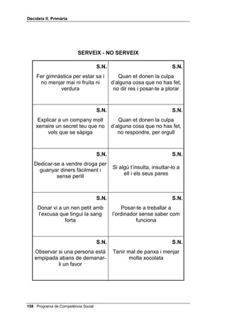 'HFLGHL[ ,, 3ULPjULD




0$7(5,$/6

      • 5 capses o cartrons amb la paraula SERVEIX (poden ser de color
        verd) i 5 amb la paraula NO SERVEIX (poden ser de color vermell).
      • Unes 80 targetes per a repartir entre el grup classe amb situacions
        eficaces o ineficaces expressades en poques paraules, sense dibuix
        (com les que tens al final d’aquesta lliçó), o fotocopiades de dibuixos
        de còmics, si ho prefereixes. No és necessari que totes 80 siguin
        diferents, n’hi haurà prou amb 40 models, fotocopiats dues vegades.
      • Dos dibuixos per explicar VHUYHL[ QR VHUYHL[ en expressar els teus
        sentiments.


(ILFjFLD

     En primer lloc els expliques el que és HILFjFLD amb les idees que tens a la
     introducció.
     A continuació pots fer aquest joc: divideixes el grup classe en cinc petits
     grups, a l’atzar o com vulguis. A cada grup se li lliuren dues capsetes (o
     cartrons), l’una que digui SERVEIX, que pot ser de color verd, i l’altre que
     digui NO SERVEIX, que pot ser de color vermell.
     A cada nen o nena se li lliuren targetes de casos (veure el final d’aquesta
     lliçó), després d’haver-les barrejat i d’explicar-los que hauran de posar-les
     dins la capsa (o a sobre del cartró) que correspongui. A cada grup se li
     donaran les targetes de cap per avall, a l’atzar, dos per a cada nen o
     nena, i, seguidament, cadascú posa les seves targetes a la capsa o cartró
     corresponent després de discutir-ho en grup, de manera que el grup és el
     responsable de l’encert o el desencert. Al cap de pocs minuts, quan hagin
     acabat, el professor o la professora va passant de grup en grup i va llegint
     les targes que hi ha a cada capsa o cartró. Així es fa la posada en comú
     de tots els casos presentats. Quan totes les respostes d’un grup són
     correctes es demana un aplaudiment per al grup; si hi ha alguna tarja mal
     posada, es comenta i després també es demana un aplaudiment.




 Programa de Competència Social
 