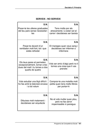 'HFLGHL[ ,, 3ULPjULD




                6(59(,;  12 6(59(,;

                           61                                 61
                                    Quan tinguis un problema
 Dutxar-se per anar net i per
                                    pensar totes les possibles
        refrescar-se
                                    solucions abans d’actuar



                           61                                 61
                                  Pensar en les conseqüències
 Anar a veure una pel·lícula      de dir una cosa a algú, abans
 divertida per riure i reposar    de dir-la-hi, per tal de no ficar-
                                     se de peus a la galleda


                           61                             61
                                   Abans d’anar a la platja o a
 A l’escola, posar interès per
                                   una excursió, anotar en un
aprendre coses noves, per tal
                                    paper les coses que has
       de no avorrir-se
                                        d’emportar-te’n


                           61                                 61

Ser amable amb els altres, si      Pensar on vaig i què vaig a
     vols que t’estimin            fer, abans de sortir al carrer



                          61                          61
   Saber prendre les teves
                               Pensar què llegiré durant les
 pròpies decisions si no vols
                                vacances per no perdre el
que altres persones decideixin
                                         temps
            per tu




                                     Programa de Competència Social 
 