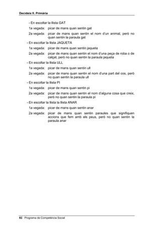 'HFLGHL[ ,, 3ULPjULD


         Ara veurem un altre dibuix (ensenya’ls el d’un professor felicitant una
         alumna). Demanaré a uns quants de vosaltres que penseu en veu alta per dir-
         me totes les causes possibles per les quals aquest professor està felicitant
         aquesta alumna.
    Digues a quatre o cinc nens o nenes d’un en un que pensin i diguin en
    veu alta: què he de fer? Dir per què aquest professor està felicitant
    aquesta alumna. De quantes maneres puc fer-ho? (Deixa que ells ho
    diguin, i si no se’ls n’acut cap, els en pots suggerir alguna i que ells
    t’ofereixin possibilitats alternatives). Quina és la millor? (Decideix-ho amb
    ells).
    Quan hagis preguntat a quatre o cinc nens o nenes i s’hagin avaluat,
    pregunta a uns altres quatre o cinc, d’un en un: què podries fer o dir tu per
    felicitar un amic o amiga que és molt bon company. Cadascú s’haurà de
    preguntar: què he de fer? Pensar formes de felicitar un bon company. De
    quantes maneres puc fer-ho? (Deixa que ells ho diguin i si no se’ls acut
    res els pots suggerir: si tu fossis molt bon company, què t’agradaria que et
    diguessin o què has dit en alguna ocasió a un nen que ha estat un bon
    company, etc.) Anota totes les respostes, distingint entre les noves i les
    repetitives. Pregunta: quina és la millor? Que ells ho decideixin i que al
    final s’autoavaluïn.
    Finalment han de fer l’activitat de les vuit cares del full que hi ha al final
    d’aquesta lliçó.


$WHQFLy DXGLWLYD

    Aquesta activitat es pot fer en dos moments diferents, que poden ser en
    dies diferents. En un primer moment es fa l’exercici amb tot el grup. A
    continuació, o un altre dia, pots demanar a un petit grup (no menys de
    tres ni més de set) que realitzin aquesta activitat un cercle, donant-se
    l’esquena, mentre la resta de la classe mira i valora. També es pot fer de
    manera individual.
    Amb cada llista, l’exercici és doble: la primera vegada els nens i les nenes
    han de picar de mans només quan sentin una paraula determinada,
    exactament igual que vàrem fer a la lliçó cinc. Però la segona vegada que
    es llegeix la llista, han de picar de mans quan sentin totes les paraules
    que tinguin un significat determinat, però no quan sentin la paraula clau.


    Per exemple:
    - En escoltar la llista GANIVET
     1a vegada: picar de mans quan sentin ganivet
     2a vegada: picar de mans quan sentin el nom d’alguna cosa que fem
                servir per menjar, però no quan sentin la paraula ganivet




                                                  Programa de Competència Social 
 