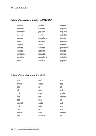 'HFLGHL[ ,, 3ULPjULD




/OLVWD G¶DVVRFLDFLy DXGLWLYD *$1,9(7

     forquilla          ganivet                cullera
     plat               plat                   plat
     infant             forquilla              ullal
     raspall            infant                 ganivet
     cullera            raspall                infant
     ganivet            plat                   ganivet
     ullal              raspall                raspall
     ganivet            cullera                ganivet
     infant             infant                 cullera
     plat               ullal                  forquilla
     cullera            plat                   plat
     forquilla          forquilla              ganivet




/OLVWD G¶DVVRFLDFLy DXGLWLYD *$7

     gata               rata                   vaca
     plat               gos                    rata
     bot                gat                    gat
     gat                vaca                   plat
     rata               plat                   gos
     gos                gata                   bot
     vaca               bot                    rata
     gat                gos                    gata
     bot                gata                   bot
     gata               vaca                   gat
     rata               gos                    plat
     vaca               plat                   gat




                                       Programa de Competència Social 
 