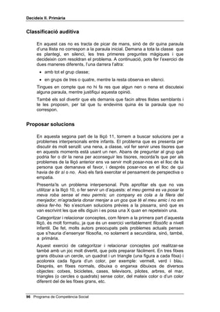 'HFLGHL[ ,, 3ULPjULD


3UREOHPHV LQWHUSHUVRQDOV

     Per presentar un modelatge al grup classe, pots usar un problema
     interpersonal qualsevol, per exemple, com puc aconseguir que un nen em
     deixi jugar amb la seva pilota o que una nena em deixi donar el menjar al
     seu gos, o com convèncer un company perquè convidi també la meva
     amiga a la festa del seu aniversari, etc.
     Et fas les quatre preguntes i, de tant en tant, abaixes el to de veu per
     convertir-la en un murmuri. A la pregunta: de quantes maneres puc fer-
     ho? pots modelar idees com aquestes: pensaria en el que m’agradaria
     que em diguessin, o em posaria en el lloc del nen o de la nena, o aplicaria
     una solució que vaig veure a la televisió per a un problema semblant, o
     faria el que ja vaig fer en una altra ocasió semblant, etc.
     A continuació, el grup serà el que ha de proposar solucions, Per facilitar-
     los el treball, que no és fàcil, pots seguir aquests dos passos:
       1. Presenta solucions abans de proposar el problema tot escrivint-les a
          la pissarra. Escriu en línies diferents OL GRQR XQD SODQWRIDGD KR GLF DO
          PHVWUH R D OD PHVWUD OL GHPDQR SHU IDYRU VL HP GHL[HV DL[z MR HW
          GHL[R DOOz XQD HVWRQD WX L XQD DOWUD MR QR HQ IDLJ FDV O¶KL SUHQF VHQVH
          TXH HP YHJL VL W¶DWUHYHL[HV HW GRQR XQD SXQWDGD GH SHX MR W¶DMXGR
          GLF TXH YD VHU XQ DOWUH WHQV UDy QR KR IDUp PpV
         Llavors, els presentes un d’aquests problemes: YDLJ DJDIDU GRV
         LRJXUWV GHO PHQMDGRU VHQVH TXH HP YHLHVVLQ XQD QHQD HP GyQD XQ
         FRS GH FRO]H L P¶HVJXHUUD HO GLEXL[ XQ FRPSDQ HP GLX ILOO GH XQ
         QHQ V¶HQIDGD SHUTXq OL WLUR XQD SHOD GH WDURQMD D OD FDUD DO PHQMDGRU
         OD PHVWUD KD GHPDQDW D GRV QHQV TXH SRUWLQ DOJXQHV FDGLUHV D O¶DOWUD
         FODVVH XQ FRPSDQ HP SRVD XQ PDOQRP L PH¶O UHSHWHL[ Els demanes
         que cadascú triï, per al problema que els has presentat, una de les
         solucions que hi ha a la pissarra i vas marcant amb una X les
         solucions que et diguin. Quan tot el grup hagi parlat, els dius que cinc
         d’aquestes solucions eren bones i que quatre eren dolentes o
         inadequades.
      2. Una vegada acabada aquesta primera part, esborra la pissarra i els
         presentes un o més problemes dels que s’han indicat abans. Anota a
         la pissarra les solucions que et vagin dient (solucions que ara hauran
         d’inventar ells, tot i que poden coincidir amb les que tu els has
         proposat en el primer pas). Marca amb una X les solucions que es
         vagin repetint.
     Amb aquest segon pas es vol aconseguir que l’alumnat interioritzi les
     solucions que has proposat en el primer pas.




 Programa de Competència Social
 