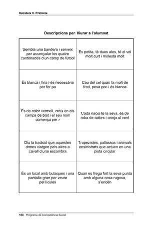 'HFLGHL[ ,, 3ULPjULD




                   'HVFULSFLRQV SHU OOLXUDU D O¶DOXPQDW



     Són a la part alta de les        És una torre alta, amb llum, que
  esglésies, són de bronze i es            orienta els navegants
  toquen en ocasions especials




   És una extensió de terra on
  gairebé mai no plou i no hi ha       És un lloc on es crien animals
   plantes ni arbres, sinó sorra




 Són homes i dones que viuen a         Pesen molt poc, estan plens
 les regions polars i es vesteixen        d’aire i són de colors
            amb pells




  És una persona que ajuda els       Vola, però no és un ocell; és de
   metges, posa injeccions i té      metall, però no és un avió; porta
        cura dels malalts              pales giratòries, i aterra a
                                              qualsevol pista




    És una botiga on es venen         És una xarxa, però no serveix
           medecines                 per pescar, sinó per descansar i
                                      es pot penjar entre dos arbres




 Programa de Competència Social
 