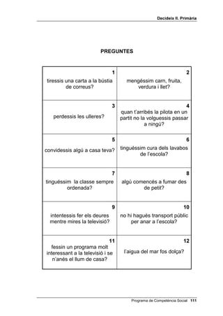 'HFLGHL[ ,, 3ULPjULD


    A continuació, modela com fer un dibuix amagat. Alguna cosa així:
         Què he de fer? He d’unir alternativament números i lletres perquè surti un
         dibuix. De quantes maneres puc fer-ho? Puc concentrar-me molt o escriure
         en un paper els números de l’1 al 10 i les lletres de la A a la M, per exemple.
         Després et preguntes quina és la millor?, em sembla més segur escriure-ho
         en un paper. En acabar: com ho he fet?
    Un cop acabat el teu modelatge, divideix la classe en grups. Crides una
    persona de cada grup i li dones en veu baixa les instruccions perquè
    aparegui un dibuix, unint els punts alternativament, números i lletres.
    Els demanes que a continuació ho expliquin al seu grup i els diguin també
    que cadascú haurà de fer un traç amb retolador i passar el dibuix al veí,
    fins que aparegui el dibuix complet.
    Un cop realitzada la feina, crides un nen o una nena de cada grup (que no
    sigui el mateix que ha donat l’explicació), li preguntes què havien de fer,
    en relació amb el dibuix, com ho han fet i li demanes que ensenyi a tota la
    classe el que ha sortit. Un cop has preguntat a tots els grups, pots lliurar
    un segon dibuix i fer el mateix procés.
    Com a ampliació i generalització d’aquest exercici, pots demanar a algun
    alumne o alumna que expliqui a un company o companya un problema
    diferent (per exemple, com es fa el -RF GH OD VXPD o un problema que
    tingui de classe). És extraordinari el fruit que s’aconsegueix quan un nen
    o nena explica alguna cosa a un altre i se sent important pel fet de fer-ho.


-RF GH OD VXPD

    Troba cinc camins possibles entre la primera i la darrera línia del quadre
    següent, de manera que la suma total sigui 18. Pots moure’t verticalment i
    diagonalment però no horitzontalment. Fes una línia de diferent color per
    a cada camí que trobis.


                                                   
                                                   
                                                   
                                                   

RP IHU OHV WDUJHV GHO MRF 4Xq SDVVDULD VL 

    Fotocopia en cartolina blava o groga, pel davant i pel darrera, les targes
    de preguntes i respostes, de manera que cada resposta quedi
    exactament darrera de la pregunta. Les vint-i-quatre primeres són més
    fàcils i han de ser grogues; de la vint-i-cinc a la trenta-sis són una mica

                                                  Programa de Competència Social 
 