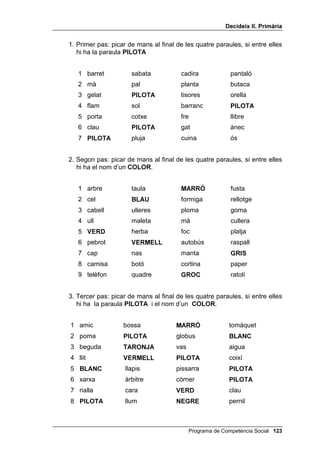 'HFLGHL[ ,, 3ULPjULD




                                                          /OLoy 



 6ROXFLRQDU SUREOHPHV 'LVFULPLQDFLy DXGLWLYD

,1752'8,Ï

   En aquesta lliçó es presenta la tasca auditiva més difícil, la inhibició
   auditiva. És un veritable desafiament a l’autocontrol, ja que en pocs
   segons s’ha de refrenar la resposta impulsiva i classificar els conceptes
   que se senten.
   A la segona part es continua l’exercici del pensament alternatiu i
   conseqüencial en la resolució d’un problema interpersonal. En concret, es
   presenta un problema directe entre un nen i una persona adulta.


2%-(7,86

   • Fer correctament més de la meitat dels exercicis de control auditiu.
   • Oferir dues solucions per a un problema interpersonal i preveure
     dues conseqüències per a cadascuna d’aquestes solucions.




0$7(5,$/6

   • Les llistes de control auditiu que tens al final de la lliçó i altres que tu
     vulguis fer (són molt fàcils).
   • Una casset, si prefereixes tenir aquestes llistes enregistrades en
     cinta.



                                               Programa de Competència Social 
 
