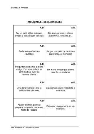 'HFLGHL[ ,, 3ULPjULD




                    $*5$'$%/(  '(6$*5$'$%/(

                                     $'                              $'

     Fer trampes en un partit de            Donar les gràcies a algú que
               futbol                         t’ha deixat alguna cosa



                                     $'                              $'

    Tirar papers a terra perquè el          Acaronar un nen petit que ha
    personal de neteja els reculli          caigut i està plorant espantat



                                     $'                              $'

       Veure que algú escup al               Dir als teus germans que tu
               carrer                                pararàs taula



                                     $'                              $'

         Parlar en veu baixa al               Tornar folrat un llibre que
         menjador de l’escola                       t’han deixat



                                     $'                              $'

       Ajudar a rentar els plats            Dir a un company o companya
                                              que avui està molt elegant




 Programa de Competència Social
 